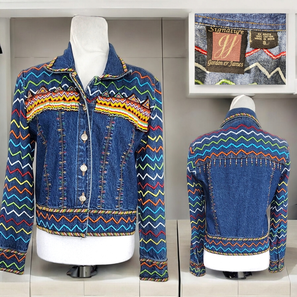 Signature Gordon James Southwestern Beaded Fringe Denim Jacket Women’s Size S